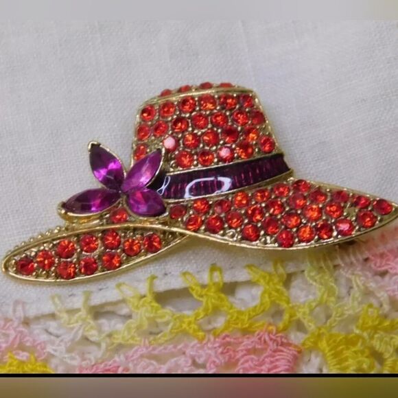 Monet Jewelry - Monet Red Hat Club Rhinestone Brooch Vintage Signed Pin